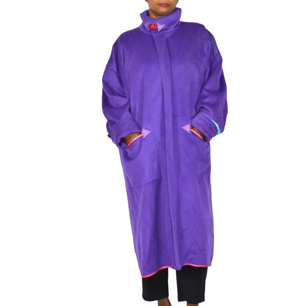 Vintage Purple Maxi Coat 90s Zip Felted Wool Oversized Leather Trim Large OSFM